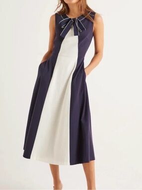 Boden ~ Elise Ponte ~ Navy and White Sleeveless Dress with Neck Bow